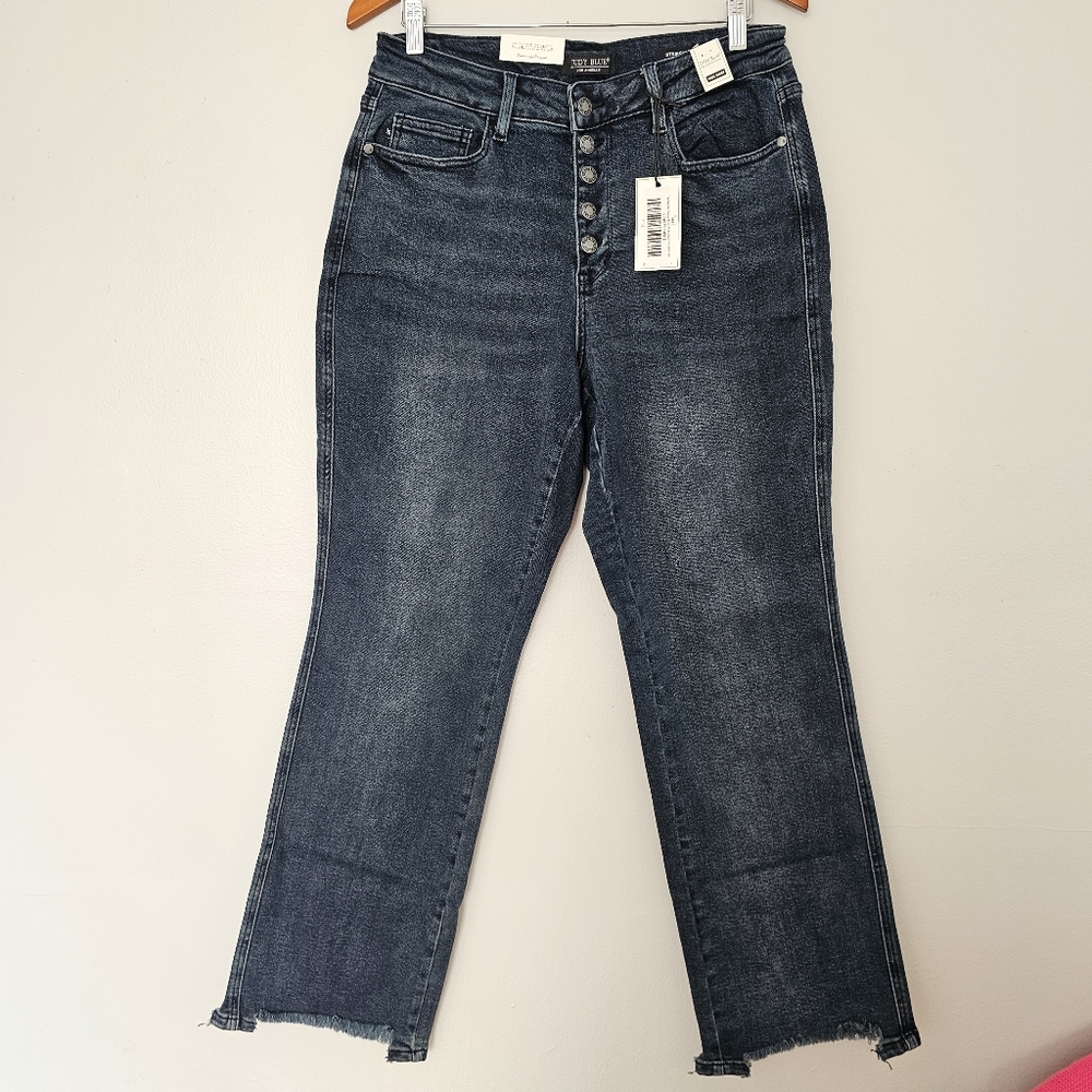 NWT Judy Blue the rhea button fly high rise straight leg raw hem jeans size 14W
